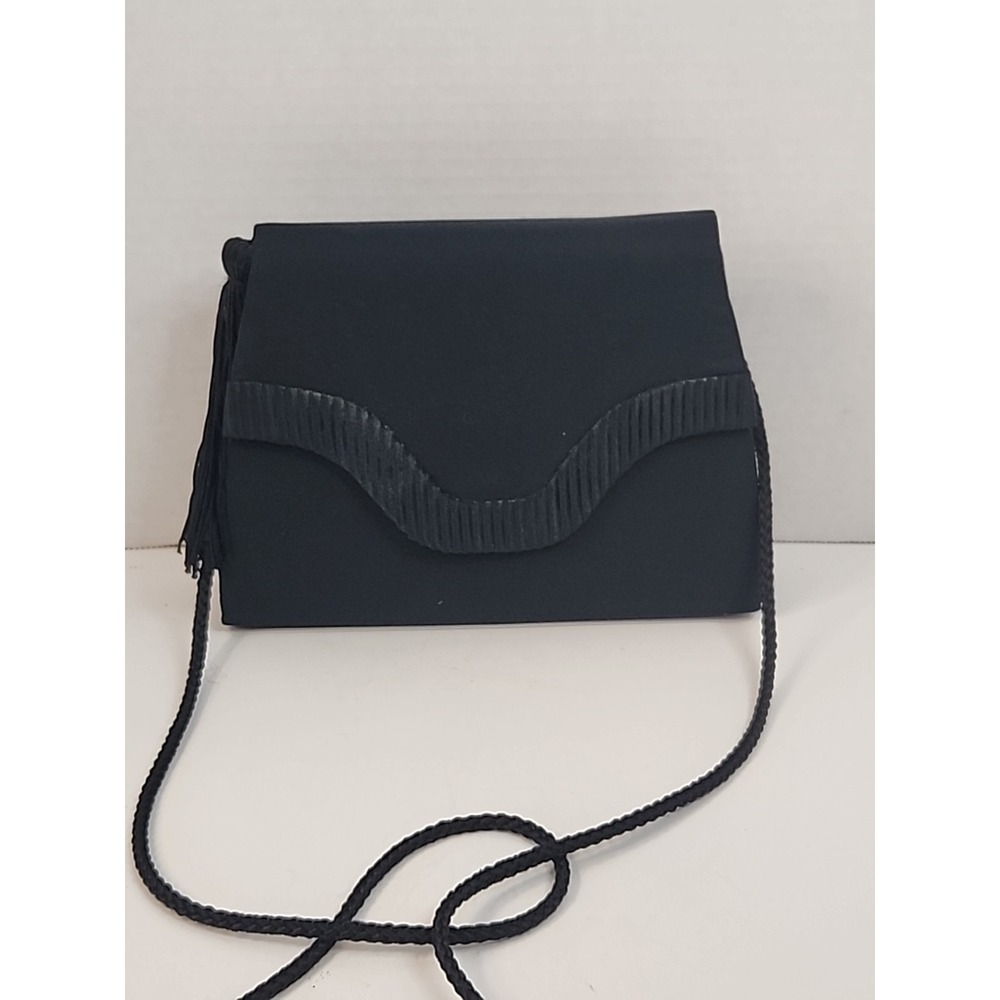 Vintage Jessica Stevens Black Fabric Covered Crossbody Purse W/Tassel 6" X 7.5"